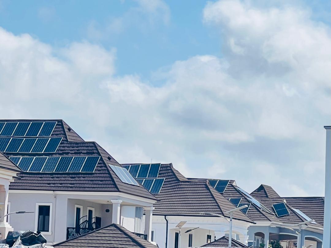 Brown roofed buildings with solar system